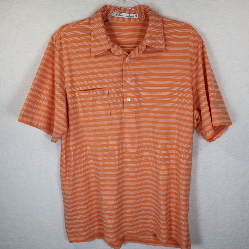 Criquet Mens Players Shirt‎ Polo Orange White Striped Pima Cotton Size L